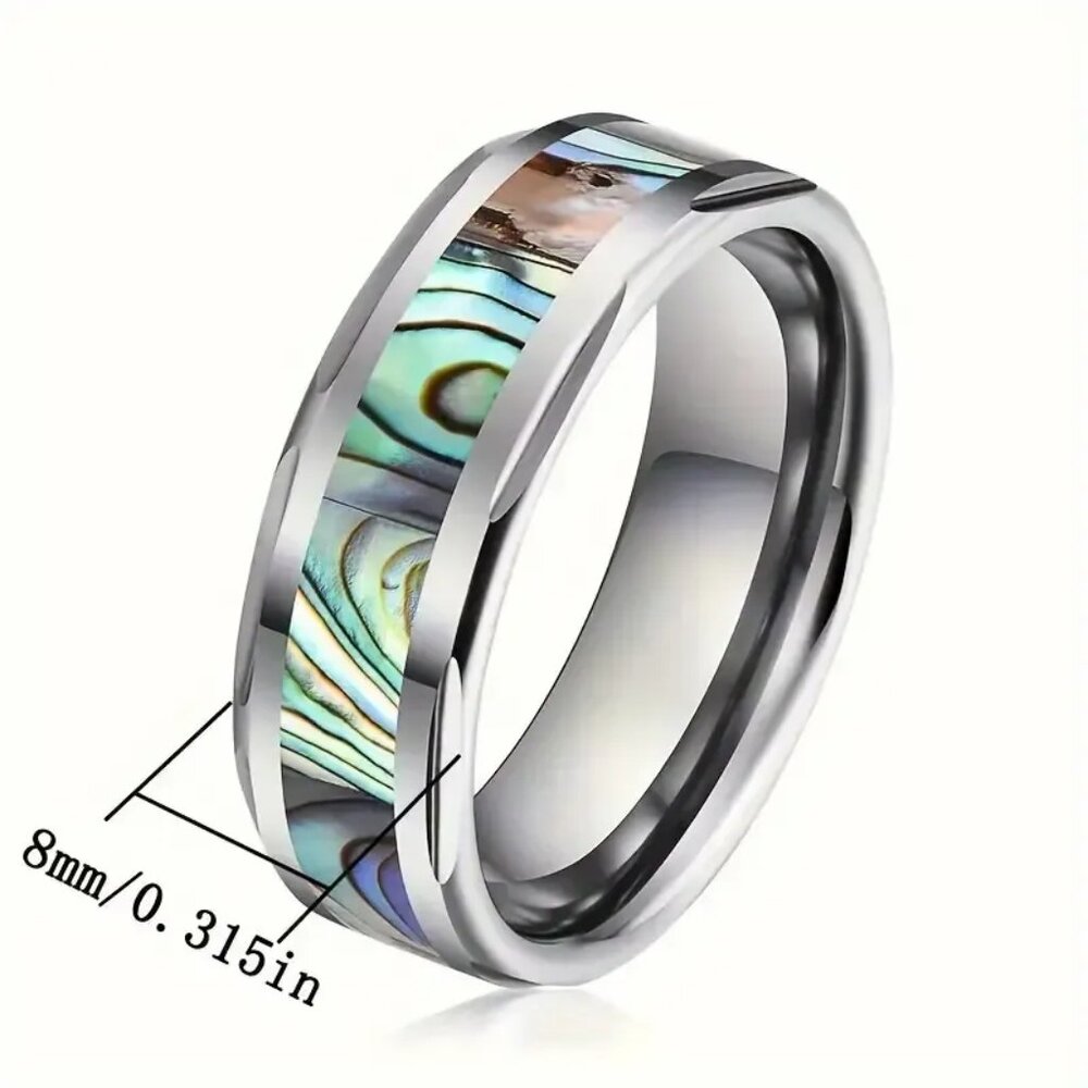 Tungsten Steel Carbide & Abalone Carbon Inlay Design statement Ring - Picture 5 of 7